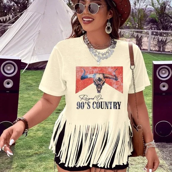 Cream Crop 90’s Country Tee with Cut Out Large New - Picture 3 of 5